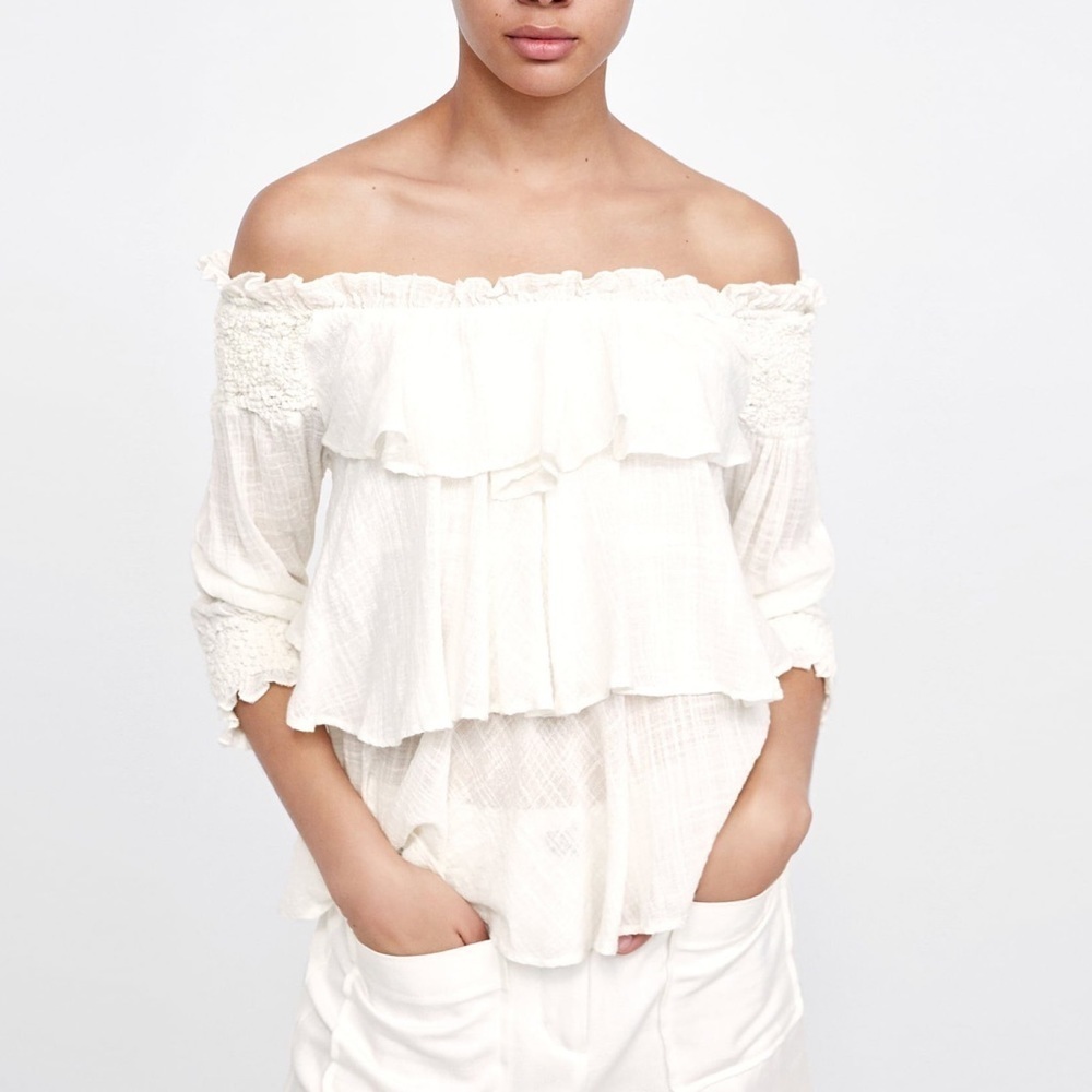 Zara tiered ruffle smocked off shoulder peasant